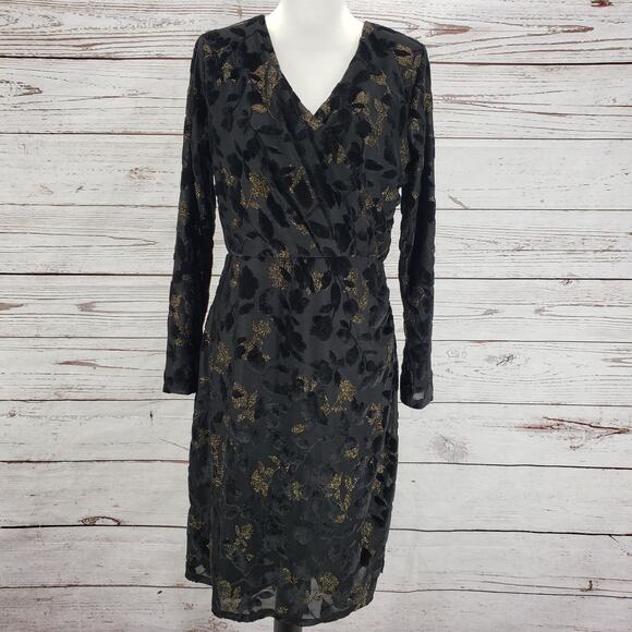 Isaac Mizrahi Women's Black Gold Velvet Burnout Faux Wrap Dress Size Small - Picture 2 of 14